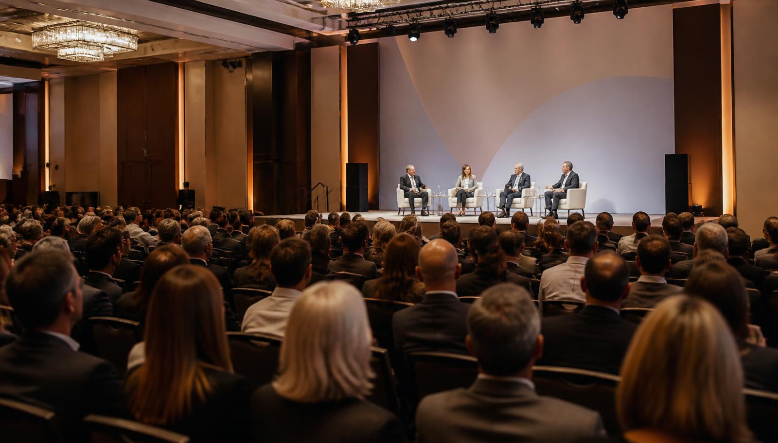 Delegates seated before the main stage at a corporate summit